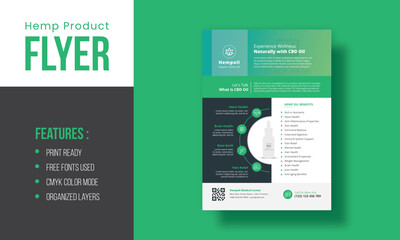 Hemp CBD Oil Flyer Template With Leaflet Poster Layout Design | Business Advertisement Flyer | Editable Organized Layer A4 Size Template