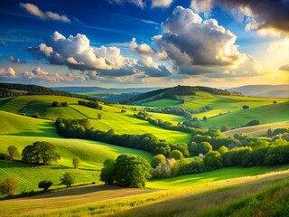Obraz premium Amazing Green Hills Landscape Under A Cloudy Blue Sky