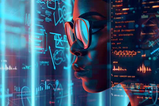 Cyber ​​threat illustration with African American female IT specialist analyzing data technology, surrounded by artificial intelligence elements - Powered by Adobe