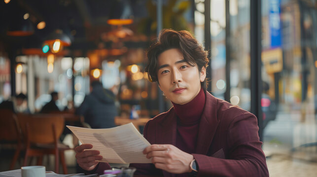 A confident young man sits in a stylish cafe, holding a document. He wears a maroon turtleneck and blazer, with soft lighting in the background, suggesting a professional and modern atmosphere.
