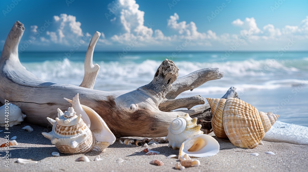 Wall mural Depict a peaceful beach scene with seashells and driftwood.