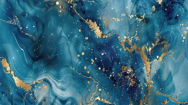 Abstract blue marble texture with gold splashes blue video footage background. 