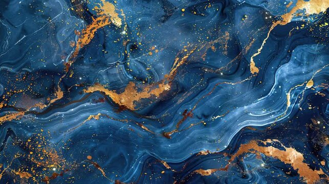 Abstract blue marble texture with gold splashes blue video footage background. 