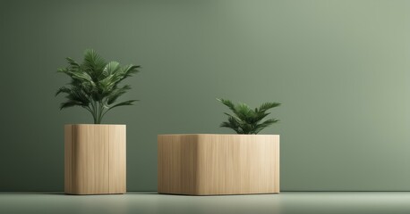 A minimalist scene showcasing two wooden planters with green plants against a muted green background, capturing simplicity and modern design aesthetics.