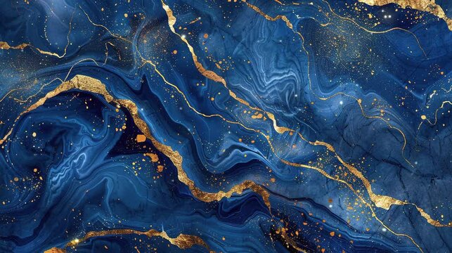 Abstract blue marble texture with gold splashes blue video footage background. 