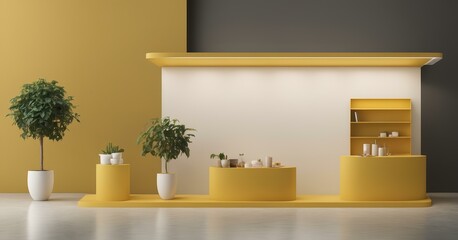 A minimalist modern interior design featuring a yellow and white theme with potted plants, cylindrical displays, and shelving containing decorative items against a two-tone wall background.