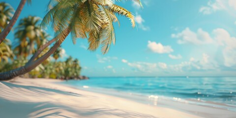 Tropical beach with palm trees and calm ocean waves, under a bright blue sky with scattered clouds. Perfect for travel and vacation themes
