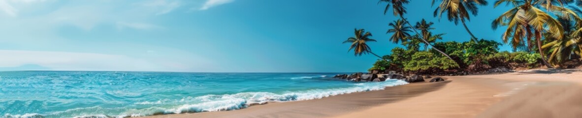 Tropical beach with palm trees and calm ocean waves, under a bright blue sky with scattered clouds. Perfect for travel and vacation themes