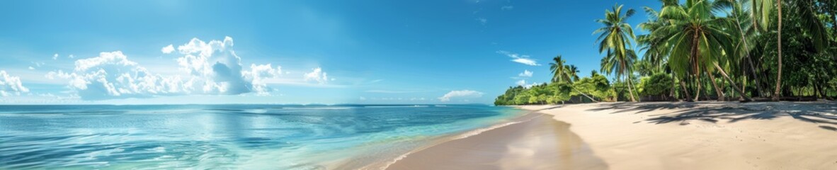 Obraz premium Tropical beach with palm trees and calm ocean waves, under a bright blue sky with scattered clouds. Perfect for travel and vacation themes