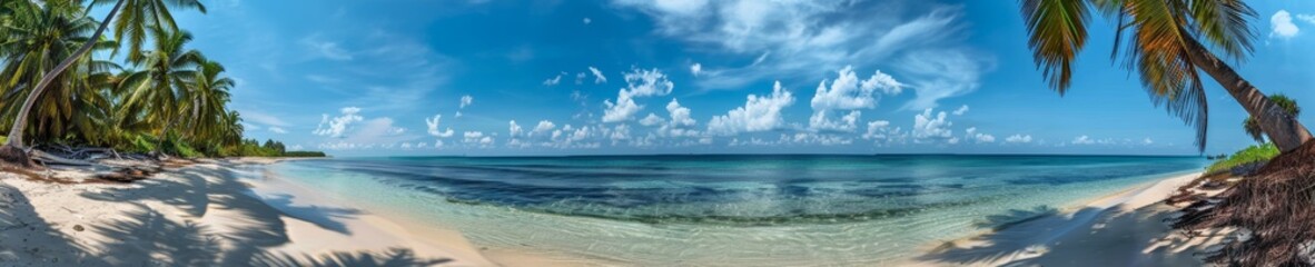 Obraz premium Tropical beach with palm trees and calm ocean waves, under a bright blue sky with scattered clouds. Perfect for travel and vacation themes