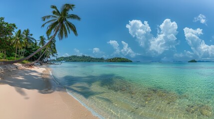 Fototapeta premium Tropical beach with palm trees and calm ocean waves, under a bright blue sky with scattered clouds. Perfect for travel and vacation themes