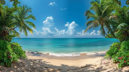 Tropical beach with palm trees and calm ocean waves, under a bright blue sky with scattered clouds. Perfect for travel and vacation themes