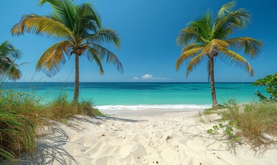 Tropical beach with palm trees and calm ocean waves, under a bright blue sky with scattered clouds. Perfect for travel and vacation themes