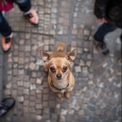 Alert Chihuahua sitting on a city sidewalk, top-down view, busy street and people in background.