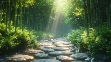 Fototapeta premium Sunlit Path Through a Lush Bamboo Forest