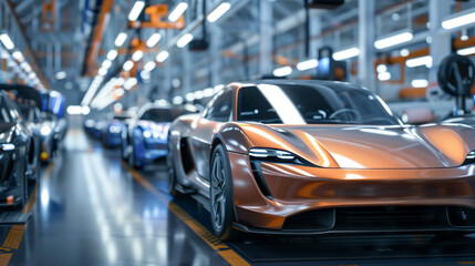 Obraz premium fully assembled modern electric cars at manufacturing facility, EV cars assembly line 