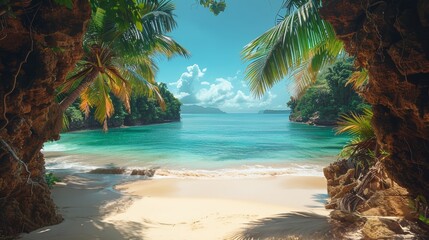 Tropical beach with palm trees and calm ocean waves, under a bright blue sky with scattered clouds. Perfect for travel and vacation themes