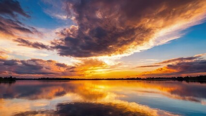 Beautiful sunset on the lake, shining bright clouds. reflection of light and clouds on the surface of the lake. sunset over a lake.