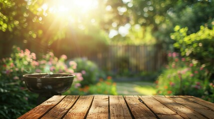Naklejka premium Backyard Summer BBQ with Wooden Table and Grill, Blurred Garden Background