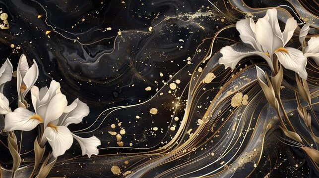 Abstract white and gold floral background black marble video footage background. 