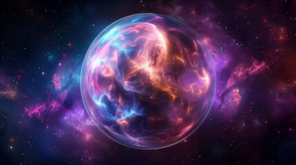Obraz premium A vibrant, glowing sphere surrounded by a cosmic nebula. The sphere is filled with swirling colors of blue, purple, and orange.