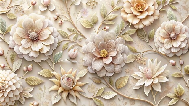 Fototapeta Elegant 3d floral pattern wallpaper with delicate petals and intricate illustrations of flowers on a soft, creamy classic background.