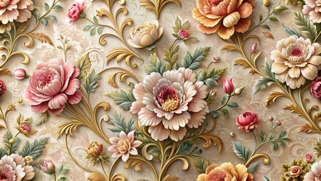 Fototapeta Elegant 3d illustration of classic floral patterns on a luxurious wallpaper for sophisticated home interior classic decorations background.