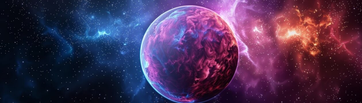 A vibrant planet in a cosmic nebula, glowing with pink and purple hues.