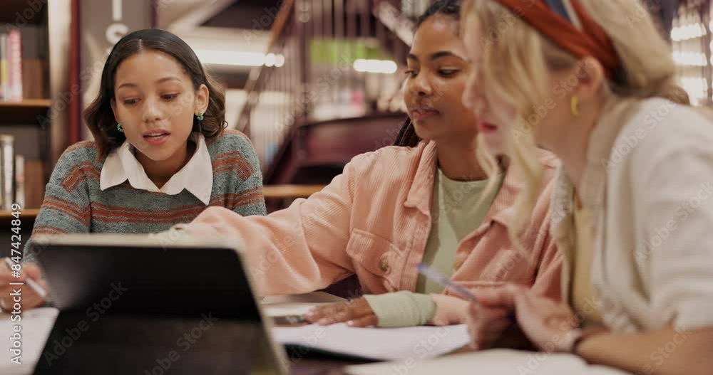 Poster Group, library and students studying with notes for college or university for efficiency. Knowledge, scholarship and higher education with books, people and exam research with communication on campus