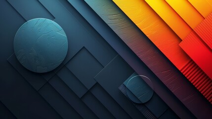 Abstract geometric pattern with a dark blue circle on a black background, contrasting with an orange and red diagonal stripe.