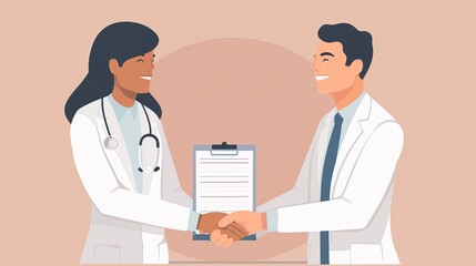 Fototapeta premium Two doctors shaking hands over a clipboard, symbolizing collaboration and teamwork in healthcare.