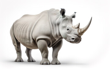 Obraz premium A grey rhinoceros, standing majestically, is captured in this image against a pristine white background, showcasing the beauty of this large, horned creature. Rhino. Wild Animals. Generative AI.