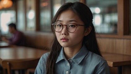 A young Korean woman with glasses sitting in a restaurant