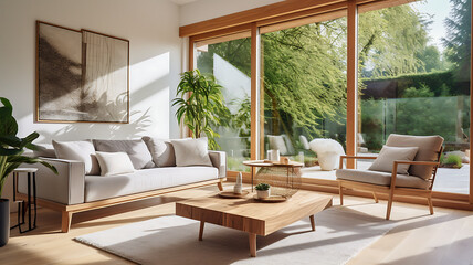 Fototapeta premium interior of modern bright living room with white sofa and coffee table