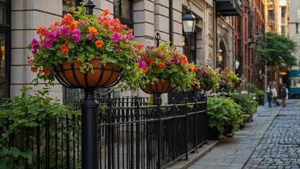 Fototapeta premium A charming street scene with colorful flower pots adorning the side of a building