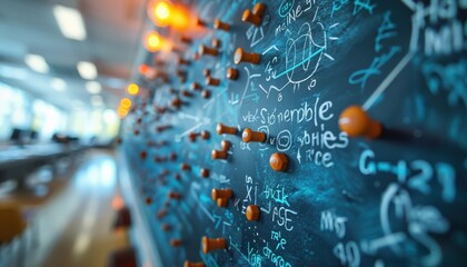 A classroom blackboard filled with complex equations, graphs, and calculations, emphasizing education and scientific learning.