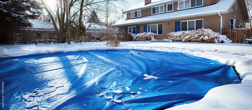 Wall mural Covering a small pool with a blue tarp in winter to keep it clean and debris-free.