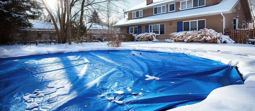 Covering a small pool with a blue tarp in winter to keep it clean and debris-free.