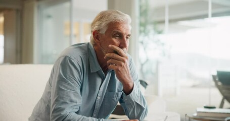 Home, sofa and elderly man with stress for bad news, mistake and worry of retirement plan. Senior person, frustrated and anxiety with headache in living room for health problem, pension and fear - Powered by Adobe