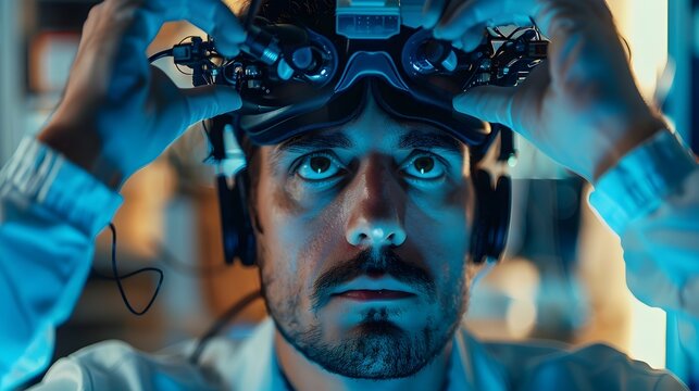Researcher Adjusting BCI Headset on Subject With Blurred Background