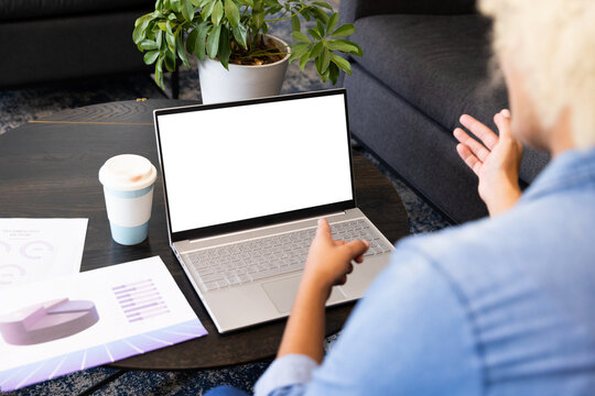 A young biracial woman points at a laptop screen during an business office discussion, copy space