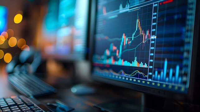 Detailed close-up view of a computer display showing a statistical analysis dashboard with various financial charts,graphs,and data visualizations for market and investment performance reporting.