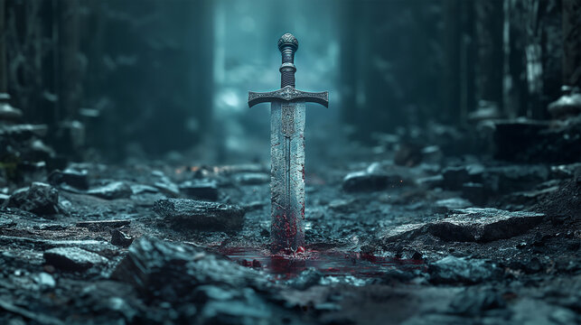 The knight's sword was stuck on the stone floor, dripping with blood.
