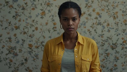 Fototapeta premium A black woman in a yellow shirt posing in front of a vibrant floral wall
