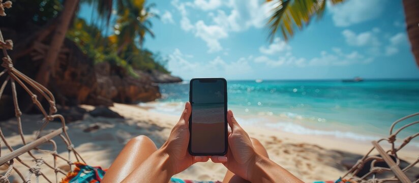Hands using smart phone with blank screen, on the beach while sitting in a hammock, mobile phone and technology