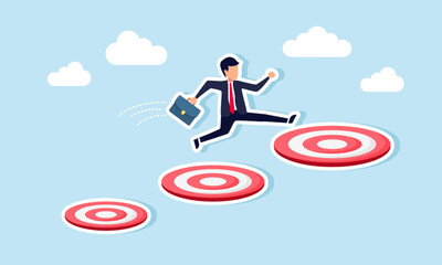 Aspiration and motivation drive business growth and career advancement, concept of Smart businessman jumps onto a bigger, higher archery bulls eye target