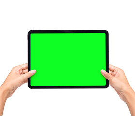 Hand Touching Phone Screen with black smartphone, isolated on white background. Hand pointing scrolling social media screen presentation Mockup.