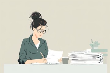 Teacher Grading Papers at Desk Illustration