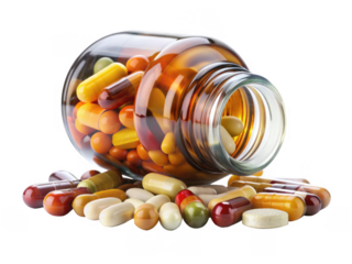 Spilled jar of multicolored pills. The glass jar lies on its side with an array of colorful capsules and tablets scattered around, isolated on transparent background, png.
