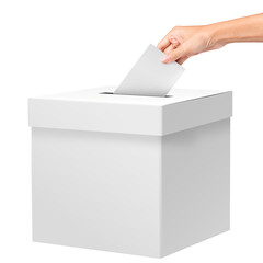 Close up of a ballot box and casting vote on white background. Voting box and election image. Hand...